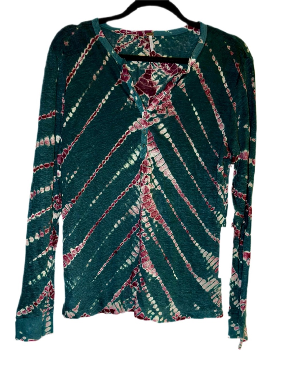 YOUNG FABULOUS & BROKE YFB 100% Linen Teal Purple Tie Dye Stretch Pullover S M - Picture 6 of 9